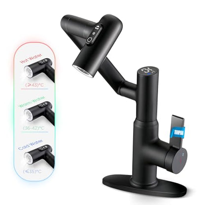 Bathroom Sink Faucet, Rotatable Faucet with Temperature Display in Celsius(Batteries-Free), 1080° Swivel | 3 Water Modes Black Faucet for Bathroom Kitchen Rv, LCF-2401, Matte Black - color: Matte Black - Celsius