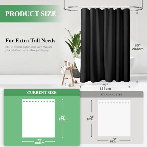 Long Waffle Shower Curtain 256 GSM Heavy Fabric 72x80 Black | 80 Inch Long, Thick Cloth, Weighted Hem, Water Repellent, Hotel Luxury Polyester Shower Curtain Set for Bathroom 12 Hooks - color: Black, size: 72"W x 80"L (Pack of 1)