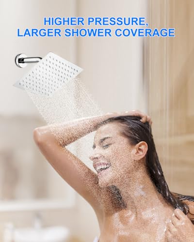 6 Inch Square Rain Shower Head, Renter Friendly High Pressure Fixed Showerhead, Stainless Steel Spa-Like Rainfall Shower Head with Self-Cleaning Nozzles, Wall Mount Chrome Finish - color: Chrome, size: 6 Inch