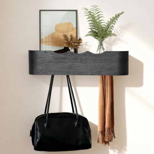 Coat Rack Wall Mount with Shelf Entryway Shelf Modern Key Holder Hanger Wall Shelves with Hidden Hooks for Hanging Towels Coats Hats Bags for Hallway Bathroom Bedroom (Wavy Black, 4 Hooks) - color: Wavy Black, size: 4 hooks