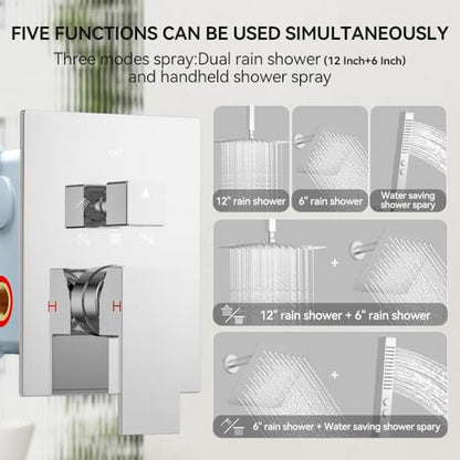 STARBATH Shower Faucet Set Shower System with Diverter Valve, Chrome | 12 Inch Ceiling Mount Rain Shower Head, 6 Inch Wall Mount Rainfall Shower Head and 2-in-1 Handheld Spray for Two Person - color: Chrome, size: 12"+6"-03