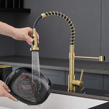 AIMADI Brushed Gold Kitchen Faucet with Pull Down Sprayer,Single Handle | One Hole Commercial Spring Design,Pull Down Sprayer,for Farmhouse Camper Bar Laundry Room - color: Brushed Gold