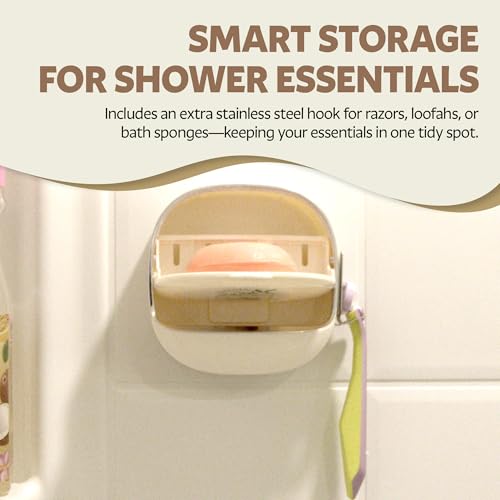 Soap and Razor Dish Holder with Drain Tray- Flip top, Waterproof, wall Mounted, with Additional Hook for loofas and Others. No Drilling and Lightweight.