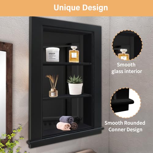 14 x 24 Recessed Medicine Cabinet, Black Bathroom Wall Cabinet, 3-Tier Wall Niche with Glass Interior, for Bathroom Storage - color: Black