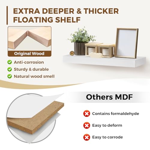 Solid Wood Floating Shelves, 17 Inch Wall Shelves, Set of 2, White | 8 Inch Deep, 1.6 Inch Thick, Extra-Wide Display Space, Mounting Hardware Included, For Kitchen, Bathroom and Living Room - color: White, size: 17x8x1.6