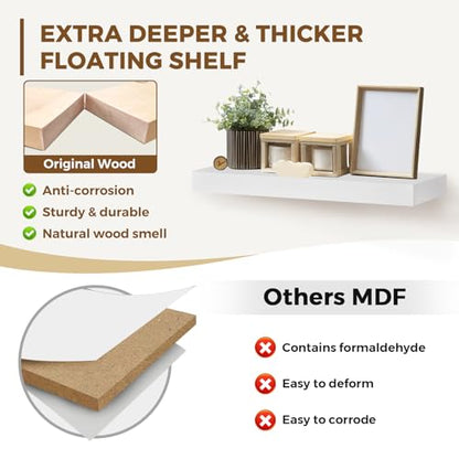 Solid Wood Floating Shelves, 17 Inch Wall Shelves, Set of 2, White | 8 Inch Deep, 1.6 Inch Thick, Extra-Wide Display Space, Mounting Hardware Included, For Kitchen, Bathroom and Living Room - color: White, size: 17x8x1.6