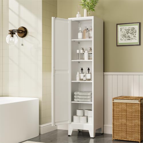 COFaR 67" Tall Metal Pantry Cabinet, White Storage Cabinet with Magnetic Door & 4 Adjustable Shelves, Slim Freestanding Cupboard for Kitchen, Bathroom, Living Room - color: White, size: 67"H 5 Tiers & Narrow