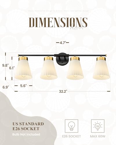 4-Light Bathroom Light Fixture, HWH 32 Inch Vanity Lights Over Mirror, Modern Sconce Wall Lighting with Frosted Milk White Striped Glass, Black and Gold Finish, 5HZG97B-4W BK+BG - color: Black and Gold, size: 4-Light