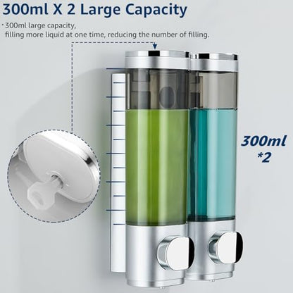 Pollock Shampoo and Conditioner Dispenser 2 Chamber No Drill | Shower Soap Pump Dispenser Wall Mounted,Body Wash Dispenser,Shower Gel Shampoo Holder for Bathroom Accessories, (Silver 2) - color: Silver 2
