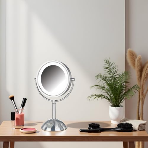JERDON Lighted Makeup Mirror with 8X Magnification - Nickel - HL8808NL | Two-Sided 1X View, 8.5" Round Frame, 16" Tall, LED Lighting - color: Nickel