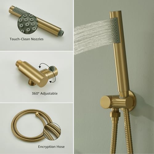 Iriber Brushed Gold Shower System Wall Mounted Shower Faucet Mixer Set with 12 Inches Rain Shower head and Handheld, Bathroom Modern Rainfall Shower Trim Kit (Contain Valve Cartridge) - color: Brushed Gold 02