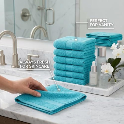 Sofea 100% Cotton Washcloths Set of 12, (12 x 12 Inch) 520 GSM Wash Cloths, Extra Soft Absorbent Quick Dry Face Towels - color: Aqua Green