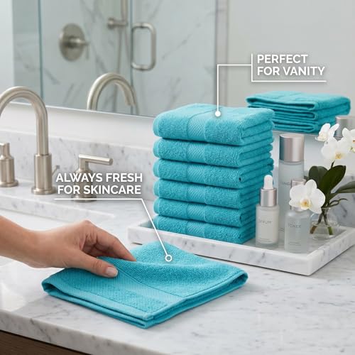 Sofea 100% Cotton Washcloths Set of 12, (12 x 12 Inch) 520 GSM Wash Cloths, Extra Soft Absorbent Quick Dry Face Towels - color: Aqua Green