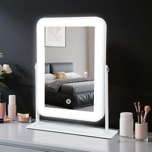 YEKKOPT Rechargeable Small Vanity Mirror with Lights,9"x11"Portable LED Desk Mirror, Make up Mirror with Lighting,Touch Screen with 3-Color Lighting, Dimmable, for Shaving, Tabletop, Bedroom - color: White, size: 11"L x 9"W