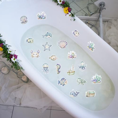 Bathtub Non-Slip Stickers for Shower - 20 PCS Bathroom Large Cute Sea Creature Anti-Slip Grips Stickers with Scraper for Kids Bath Tub and Slippery Floor Decor