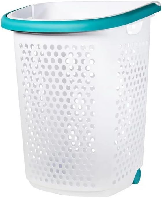 Wheeled Design Clothes Laundry Basket, 70.52 Liter Capacity Mind Reader Basket Collection, 2 Bushel Rolling Plastic Laundry Hamper with Pop-up Handle, White, Large