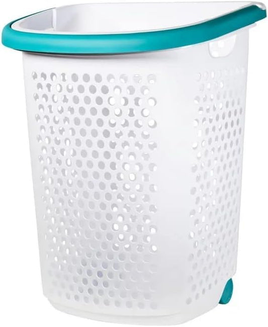 Wheeled Design Clothes Laundry Basket, 70.52 Liter Capacity Mind Reader Basket Collection, 2 Bushel Rolling Plastic Laundry Hamper with Pop-up Handle, White, Large