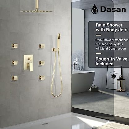 DASAN Full Body Shower System with 6 PCS Body Spray Jets & 12'' Rain Shower Head & Handheld, Ceiling Mount Rain Shower System Brushed Gold Shower Faucets Sets Complete with Valve, SA-SS03ABG-S12C - color: Brushed Gold