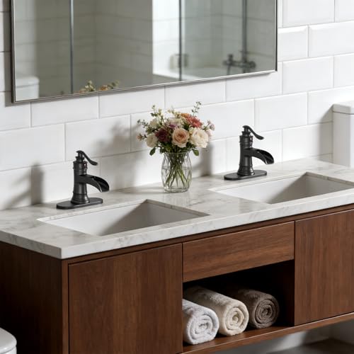 Waterfall Bathroom Sink Faucet Black Bathroom Faucet 1 Hole | Single Handle,with Pop Up Drain Stopper Vanity Water Supply Hose,Lead-Free Solid Brass,Farmhouse Faucet Deck Mount - color: Black