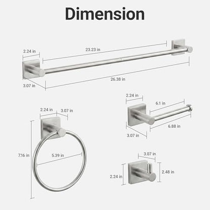 24-Inch Wall Mounted Towel Racks for Bathroom – Space Saver 4-Piece Durable Stainless Steel Bathroom Hardware Set with Towel Bar, Towel Ring, Toilet Paper Holder & Hook, Brushed Nickel - color: Brushed Nickel