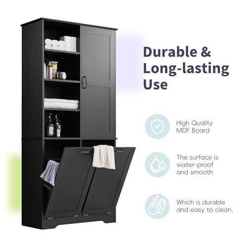 Merax Cabinet with Tilt-Out Laundry Hamper Basket, Tall Bathroom Storage Organizer Linen with Open Shelf for Home, Freestanding, Black - color: Black