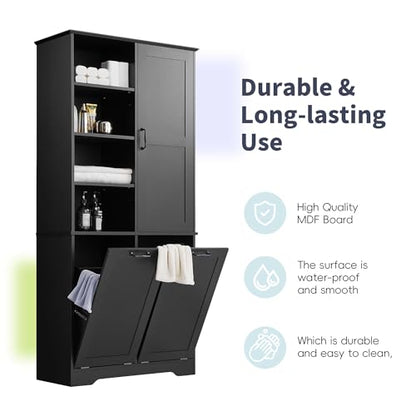 Merax Cabinet with Tilt-Out Laundry Hamper Basket, Tall Bathroom Storage Organizer Linen with Open Shelf for Home, Freestanding, Black - color: Black
