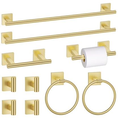 10 Pieces Brushed Gold Towel Bar Set, Double Dase Toilet Paper Holder Bathroom Hardware Set, 23.6 Inch Stainless Steel Towel Rack for Bathroom Wall Mounted - color: Brushed Gold, size: 10pieces B