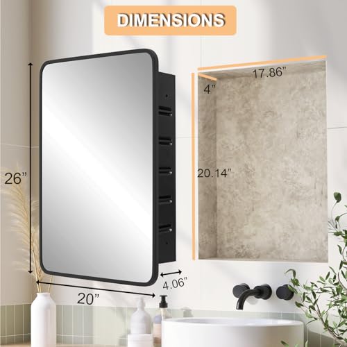20x26 Medicine Cabinet with Mirror, Bathroom Storage Cabinet Mirror | Wall-Mounted or Recessed, Black Metal Frame, Adjustable Glass Shelves, Bathroom Vanity Mirror with Storage - size: 20"W x 26"H