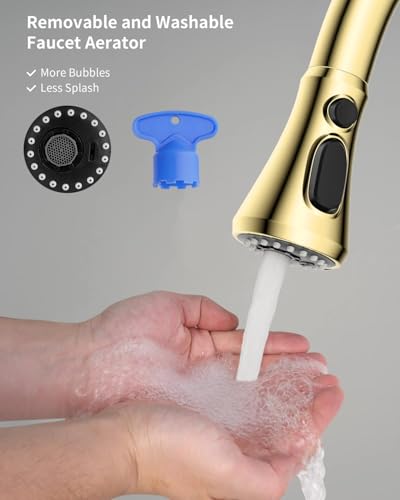 Hibbent Pull Down Spray Head for Kitchen Faucet, NSF/ANSI/CAN 61 & CUPC Certified 3-Function Spray Nozzle, 14 Adapters, Sink Faucet Head Replacement Compatible with Moen, Delta, Kohler, Polished Brass - color: Polished Brass, style: 1.8 Gallon Per Minute