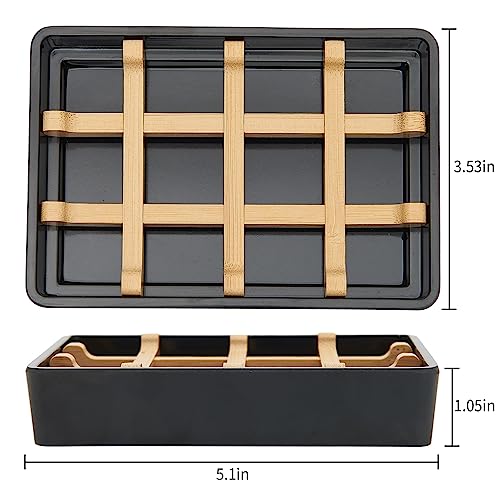 Bamboo Soap Dishes for Shower with Drainage Wooden Soap Bar Holder for Bathroom Soap Tray Easy to Clean, Durable and with Non-Slip Pads(Single Black Square) - color: Single Black Square
