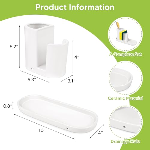 Ceramic Kitchen Sink Organizer Sponge Holder and Dish Brush Holder and Soap Tray for Kitchen Sink Organizer, White - color: White