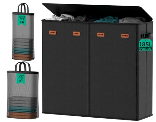 185L Laundry Hamper 4 Section with Lid & Removable Bags | Collapsible laundry basket organizer for laundry room, bedroom & dorm with 5 removable washing bags - color: Black, size: 185L - 4 Section