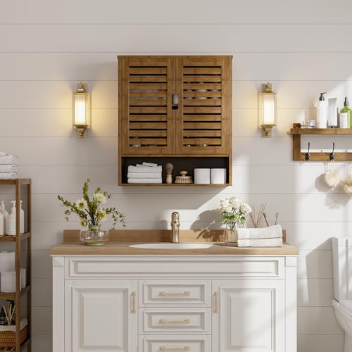 SMIBUY Bathroom Cabinet Wall Mounted, Bamboo Over-The-Toilet Storage Organizer, Space Saver Medicine Cabinet with 2 Door and Adjustable Shelves (Walnut) - color: Walnut