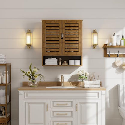SMIBUY Bathroom Cabinet Wall Mounted, Bamboo Over-The-Toilet Storage Organizer, Space Saver Medicine Cabinet with 2 Door and Adjustable Shelves (Walnut) - color: Walnut