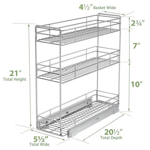 Pull Out Spice Rack Cabinet Organizer 5½" W x 20½" D, 3 Tier Heavy Duty Sliding Spice Cabinet Organization for Narrow Cabinet, Pull Out Shelves for Kitchen - size: 5½" W X 20½" D,3 Tier