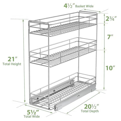 Pull Out Spice Rack Cabinet Organizer 5½" W x 20½" D, 3 Tier Heavy Duty Sliding Spice Cabinet Organization for Narrow Cabinet, Pull Out Shelves for Kitchen - size: 5½" W X 20½" D,3 Tier