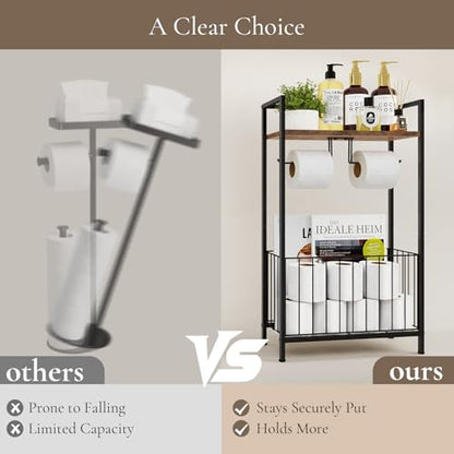 Freestanding Toilet Paper Holder with Storage, Rustic Brown | Toilet Paper Holder Stand with Wooden Shelf for Bathroom Storage, Dual Toilet Paper Roll Stand for Extra Rolls & Magazines