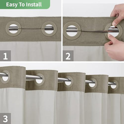 eachope No Hook Shower Curtain with Snap-in Fabric Liner Set,Slub Textured Fabric Shower Curtains for Bathroom,Hotel Style Modern Shower Curtain,Water Repellent & Washable,71x74(72),Tan/Khaki | Hotel Style Fabric with See-Through Top Window, Water Repelle