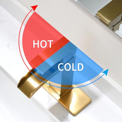 Waterfall Bathroom Faucet Gold - Single Handle Sink Faucets Bathroom 1 Hole Or 3 Hole for 4In | Modern Solid Vanity Faucet with Deck Plate & Overflow Pop Up Drain Brushed Gold - color: A-Brushed Gold