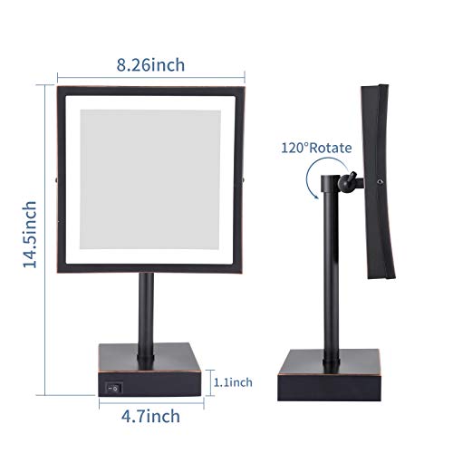 DOWRY Tabletop LED Lighted 5X Magnifying Square Makeup Mirror with Plug,8 Inch, Polished Oil Rubbed Bronze Finished - color: Oil Rubbed Bronze