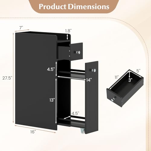 Giantex Slim Bathroom Storage Cabinet, Space-saving Toilet Side Cabinet with Slide-out Drawers on 3 Wheels, Freestanding Narrow Toilet Paper Holder for Living Room, Laundry Room, Compact Space (Black) - color: Black