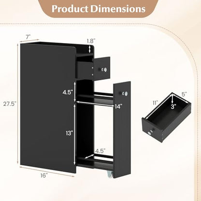 Giantex Slim Bathroom Storage Cabinet, Space-saving Toilet Side Cabinet with Slide-out Drawers on 3 Wheels, Freestanding Narrow Toilet Paper Holder for Living Room, Laundry Room, Compact Space (Black) - color: Black