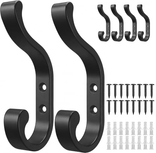 bussdis Wall-Mount Coat Hooks, Heavy Duty 30LB Hooks for Hanging Coats, Bags, Backpacks, Keys, Hats – Black Metal Hooks for Wall,Door (6 Pack) | Large Coat Hangers Holds 30LB, Metal Screw-In Hooks for Door, Closet, Bathroom, Clothes, Purse, Bag, Jacket, R
