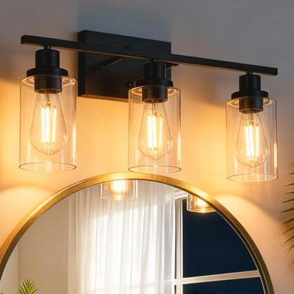 MELUCEE Bathroom Vanity Light Fixtures 3 Lights Black with Clear Glass | Metal Wall Sconce for Bedroom Living Room Hallway Kitchen (Patent No.: US D963914 S) 20.5 Inch - color: Black, size: 3-Light