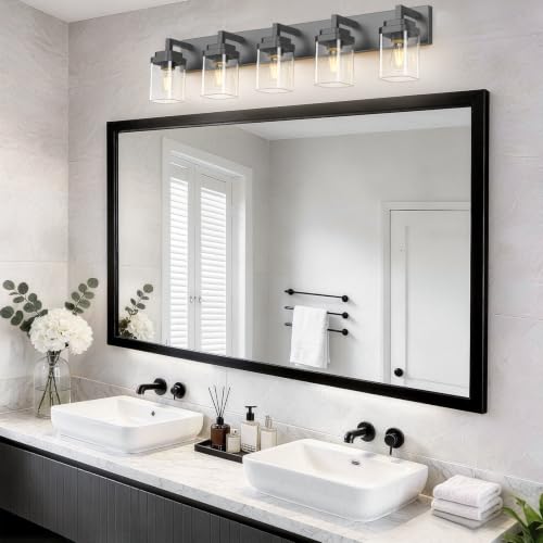 Matte Black Bathroom Light Fixtures, Modern Vanity Lights with Clear Glass Lamp Shade, Bathroom Lighting Fixtures Over Mirror, Restroom Vanity Lighting Fixture, 5-Light 36 Inch - color: Blakc, size: 5-Light