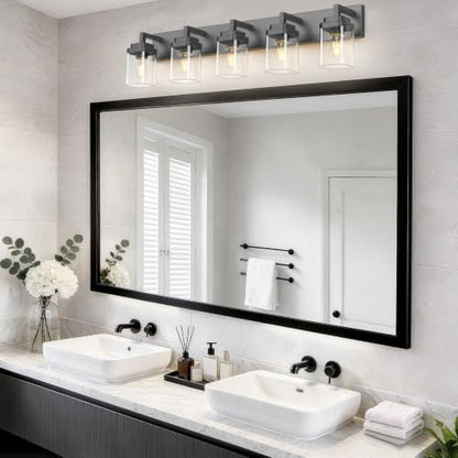 Matte Black Bathroom Light Fixtures, Modern Vanity Lights with Clear Glass Lamp Shade, Bathroom Lighting Fixtures Over Mirror, Restroom Vanity Lighting Fixture, 5-Light 36 Inch - color: Blakc, size: 5-Light