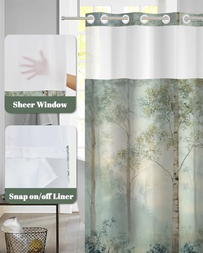 No Hook Woodland Shower Curtain with Snap in Liner, 71x74 Inch | Double Layer Waterproof Bath Curtain with Mesh Top, Soft Green Birch Trees Misty Forest Print for Modern & Farmhouse Bathroom - color: Forest-2