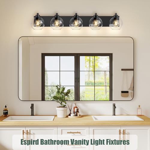 5 Light Bathroom Light Fixtures-Matte Black Bathroom Vanity Lights, Modern Vanity Lights 5-Light Bathroom Lighting Fixtures Over Mirror with Clear Glass Globe Shade - color: ‎Matte Black, size: 5-Light