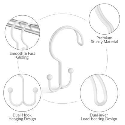 Bathway White Shower Curtain Hooks Ring, 12 Pcs Double Sided Shower Hooks, Rust Proof Metal Shower Hooks for Bathroom, Anti-Drop Shower Rings for Shower Curtain & Liners - color: White, style: Double-layer Shower Hooks