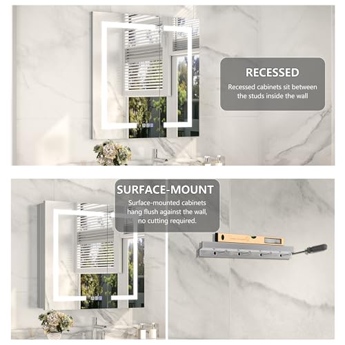 30x30" Wall-Mounted LED Bathroom Medicine Cabinet, Anti-Fog, 3 Color Temp | Surface-Mount/Recessed, Double-Sided Mirror Cabinet with DTC Silent-Close Hinges, Adjustable Tempered Glass Shelf - size: 30W x 30H Inch